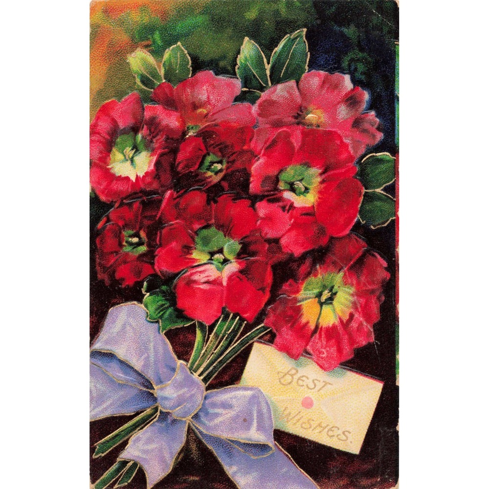 Vtg 1911 RPPC Postcard Floral Best Wishes Red Flowers Sheboygan MI Postmark - Picture 1 of 2